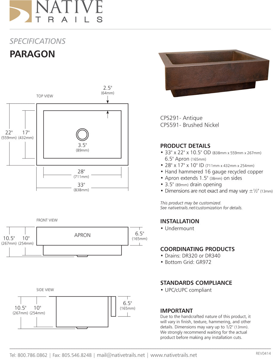 Native Trails CPK91 Paragon Apron 33" Copper Kitchen Sink - Parent