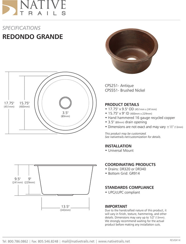 Native Trails CPS551 Redondo Grande Copper Bath Sink Brushed Nickel