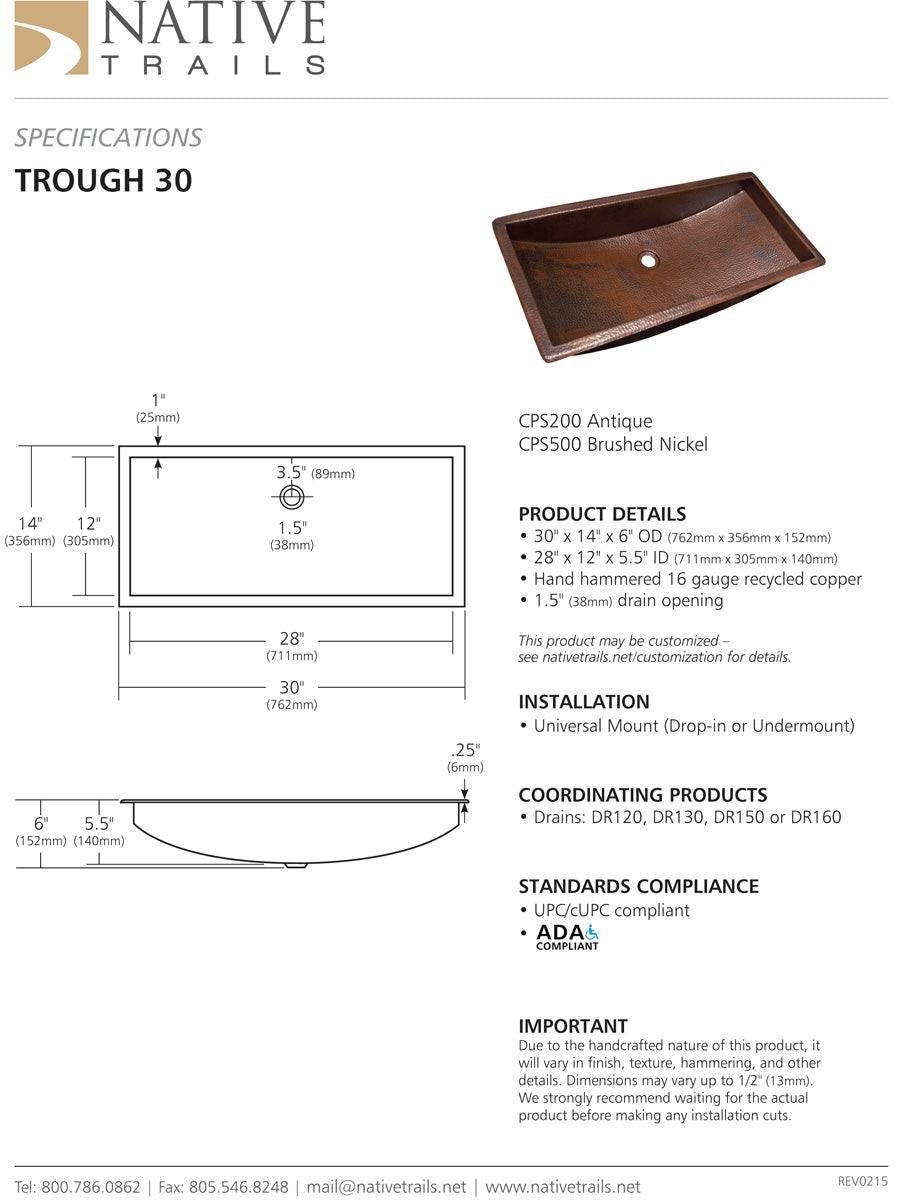 Native Trails CPS500 Trough 30 Bath Sink Brushed Nickel