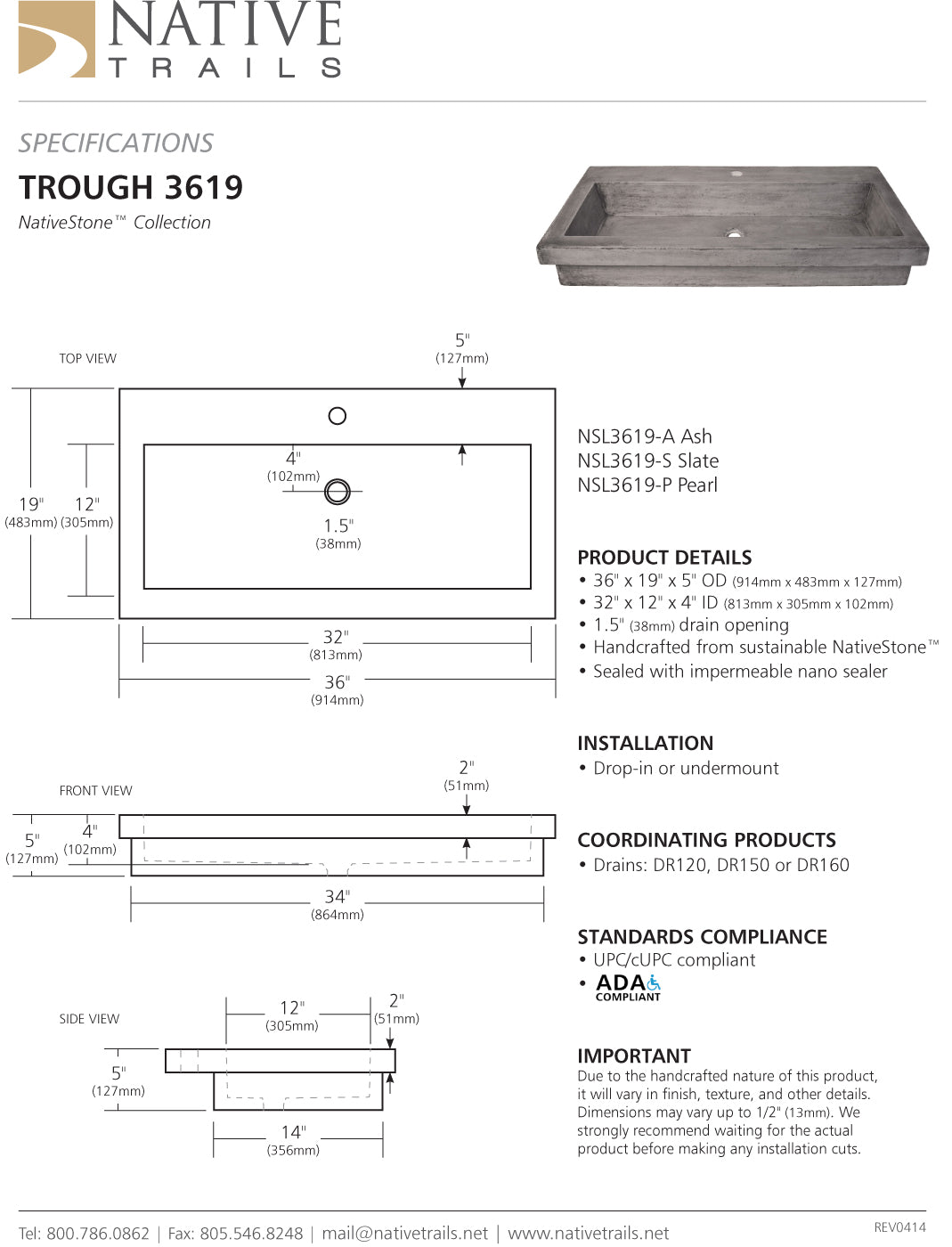 Native Trails NSL3619 Trough 3619