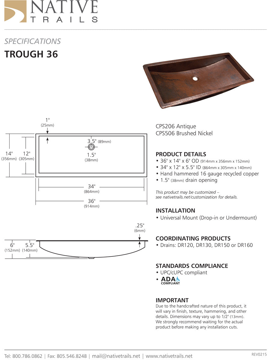 Native Trails CPS206 Trough 36 Bath Sink Antique