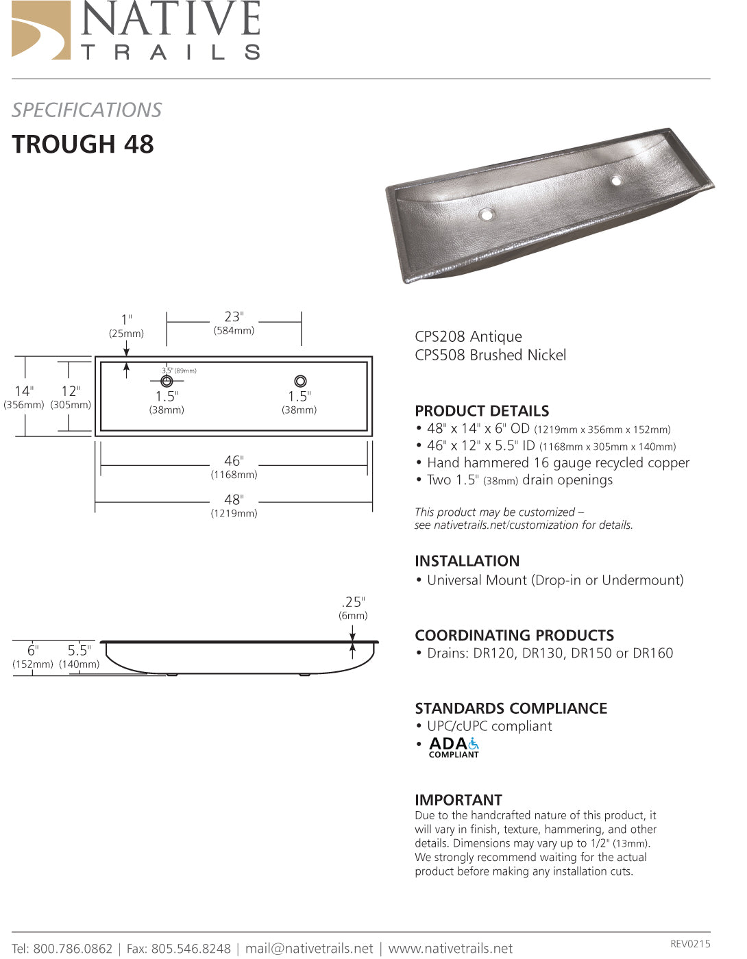Native Trails CPS508 Trough 48 Bath Sink Brushed Nickel
