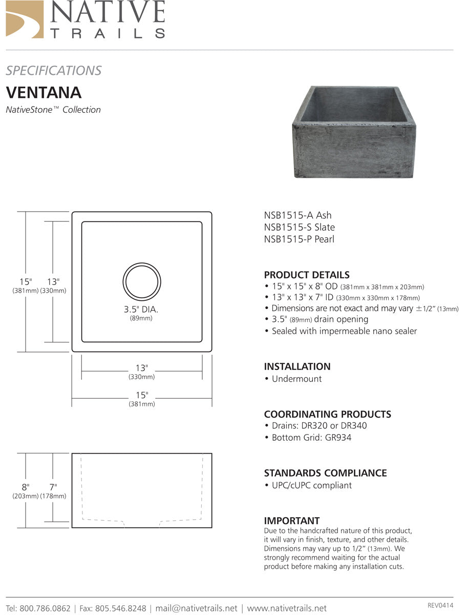 Native Trails NSB1515 Ventana Native Stone Bar and Prep Sink - Parent