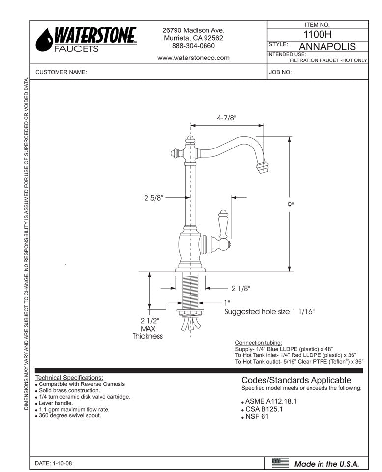 Waterstone 1100H Annapolis Hot Only Filtration Faucet - Lever Handle - Parent