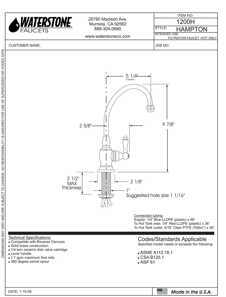 Waterstone 1200C Hampton Cold Only Filtration Faucet - Lever Handle - Parent
