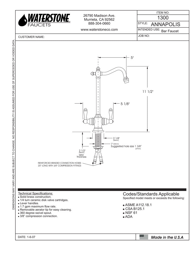 Waterstone 1300 Annapolis Bar Faucet - Lever Handles - Parent