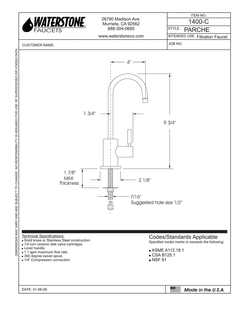 Waterstone 1400C Parche Cold Only Filtration Faucet - Parent