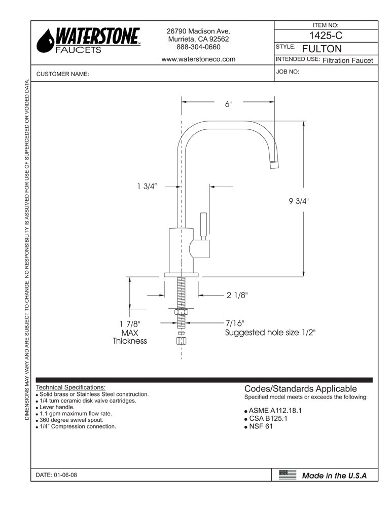 Waterstone 1425C Fulton Cold Only Filtration Faucet - Parent