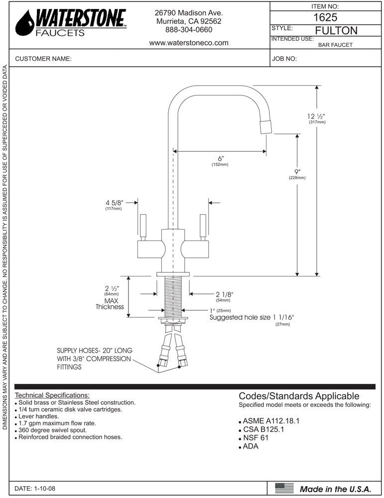 Waterstone 1600 Parche Bar Faucet - Parent