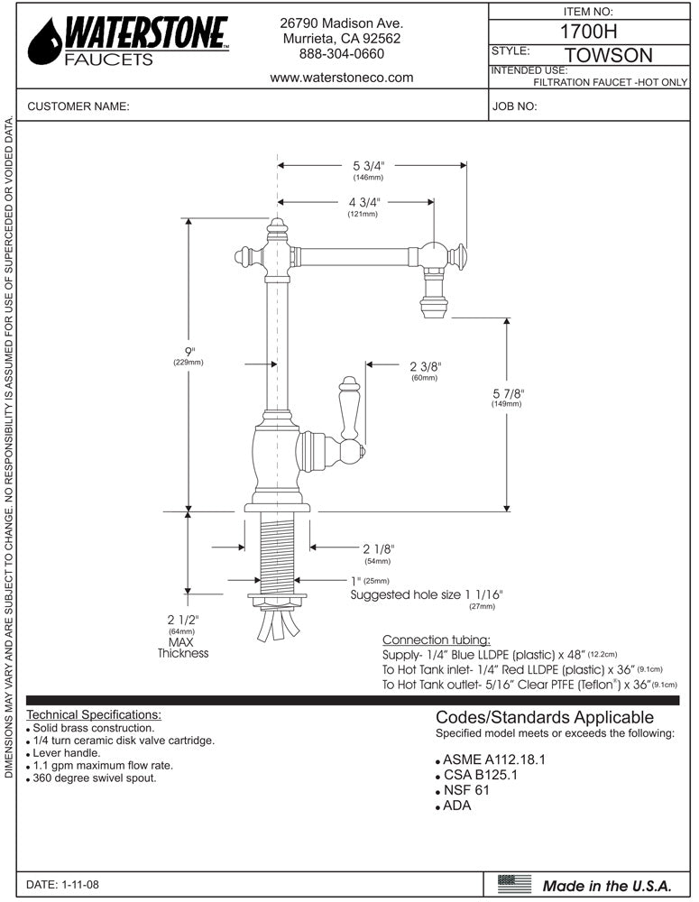 Waterstone 1700C Towson Cold Only Filtration Faucet - Lever Handle - Parent
