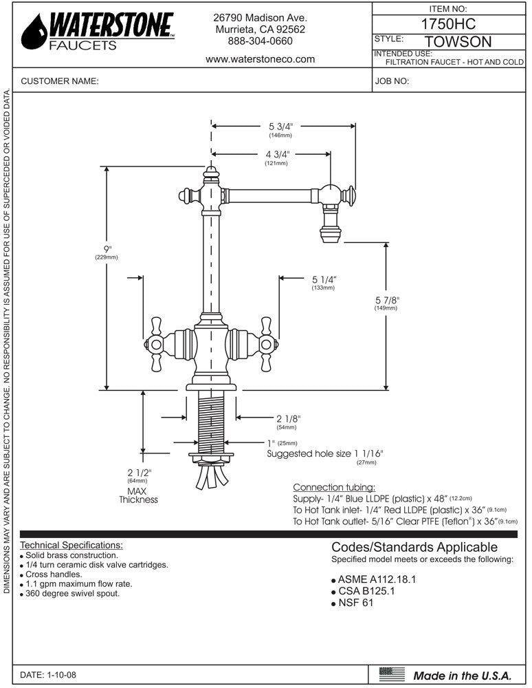 Waterstone 1750HC Towson Hot and Cold Filtration Faucet - Cross Handles - Parent