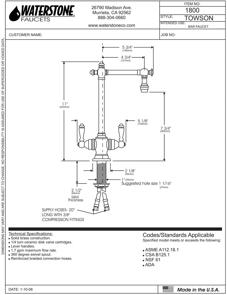 Waterstone 1800 Towson Bar Faucet - Lever Handles - Parent