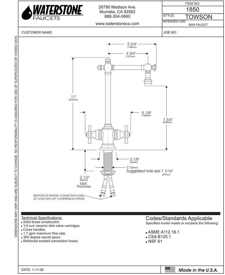 Waterstone 1850 Towson Bar Faucet - Cross Handles - Parent