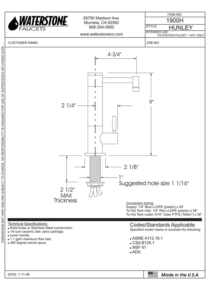 Waterstone 1900H Hunley Hot Only Filtration Faucet - Parent