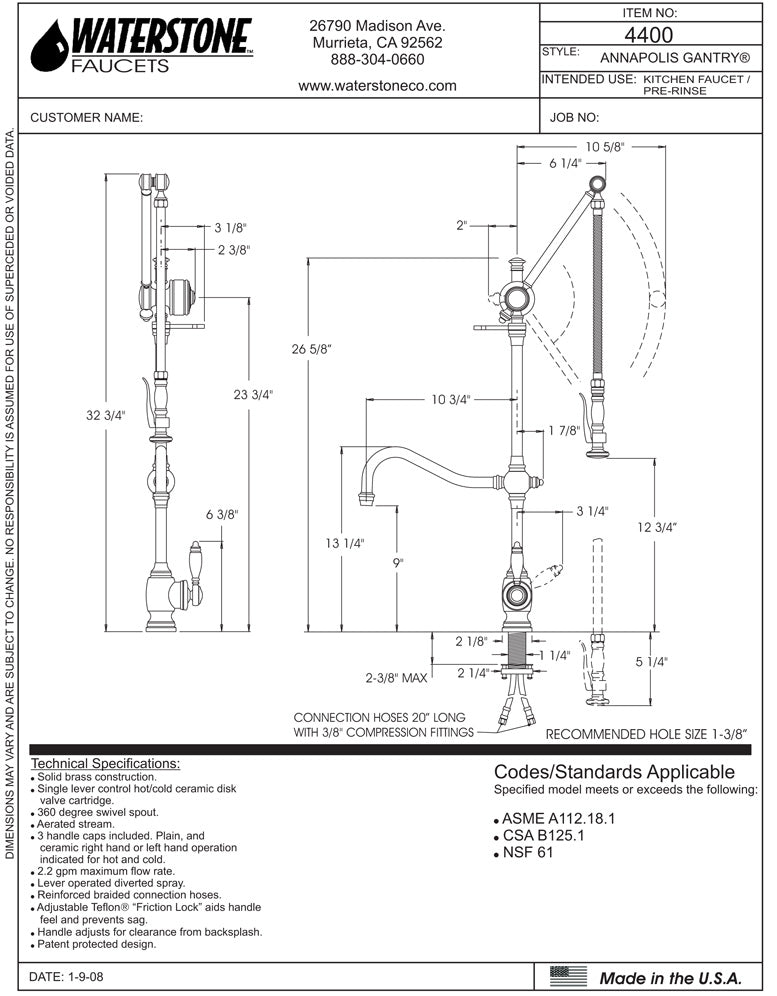 Waterstone 4400 Traditional Gantry Pulldown Faucet - Hook Spout - Parent