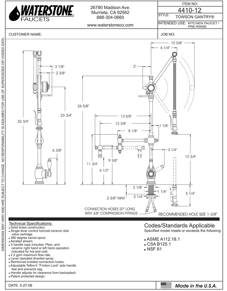 Waterstone 4410-12 Traditional Gantry Pulldown Faucet - 12" Articulated Spout - Parent