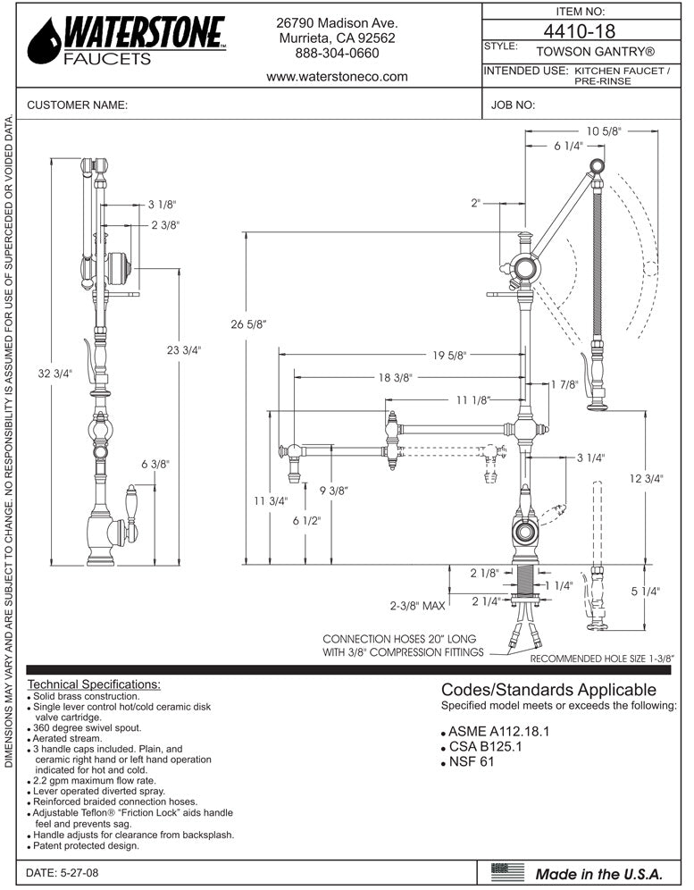 Waterstone 4410-18 Traditional Gantry Pulldown Faucet - 18" Articulated Spout - Parent