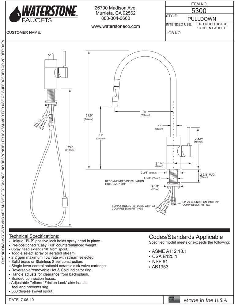 Waterstone 5300 Contemporary Extended Reach Pulldown Faucet - Parent