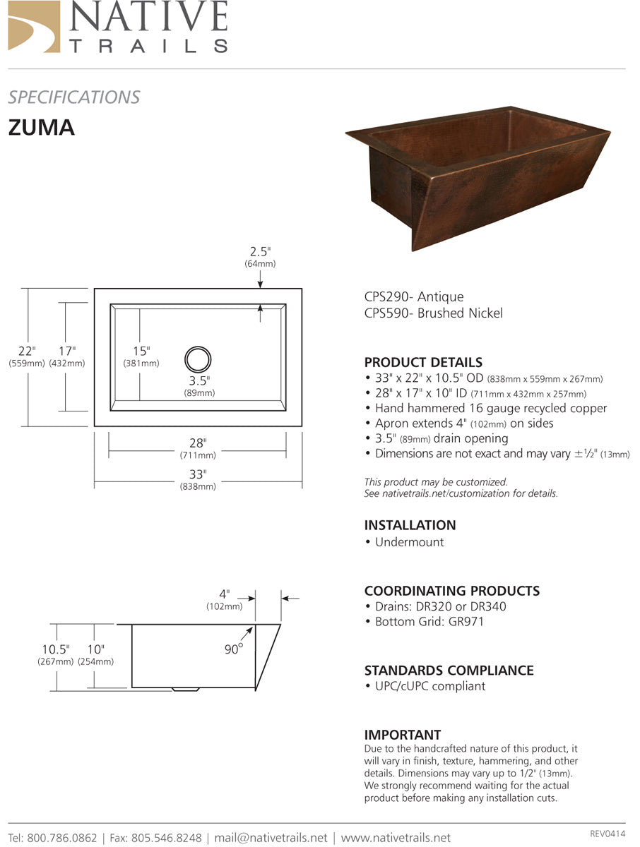 Native Trails CPK90 Zuma Apron 33" Copper Kitchen Sink - Parent