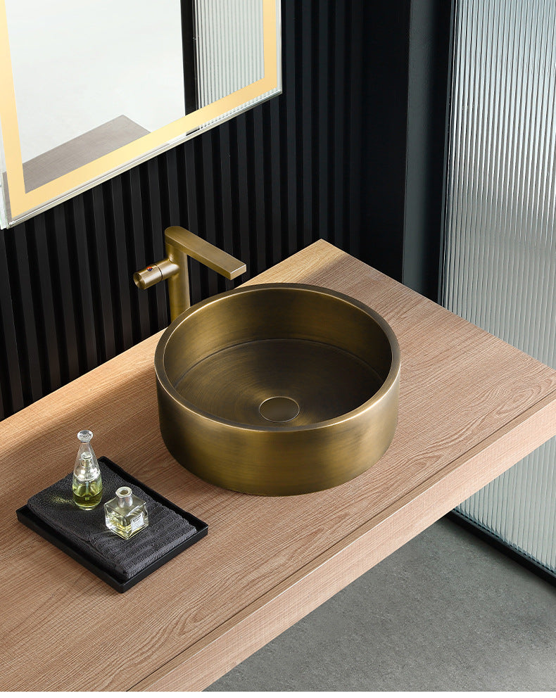 Eden Bath EB_SS003AT Round 15.75-in Stainless Steel Vessel Sink with Rim in Antique with Drain