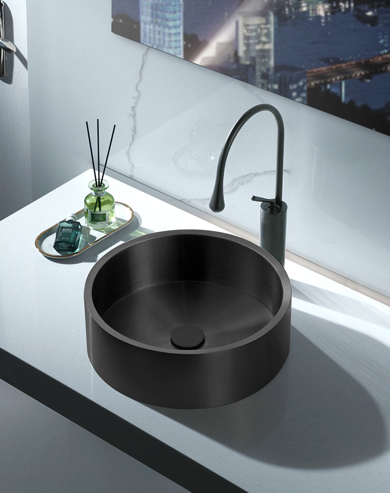 Eden Bath EB_SS003BK Round 15.75-in Stainless Steel Vessel Sink with Rim in Black with Drain
