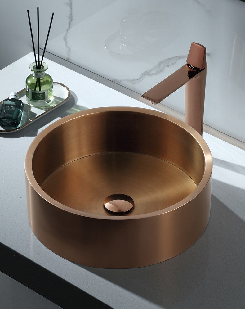 Eden Bath EB_SS003RG Round 15.75-in Stainless Steel Vessel Sink with Rim in Rose Gold with Drain