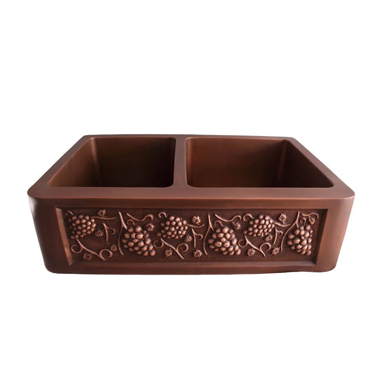 Barclay FSCDB3506-SAC Concord 33 Offset Double Bowl Copper Farmer Sink  - Smooth Antique Copper