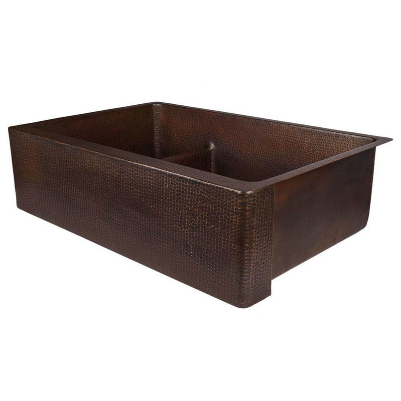Premier Copper Products KA30DB33229-SD5 33" Hammered Copper Apron Front 30/70 Double Basin Kitchen Sink with Short 5" Divider