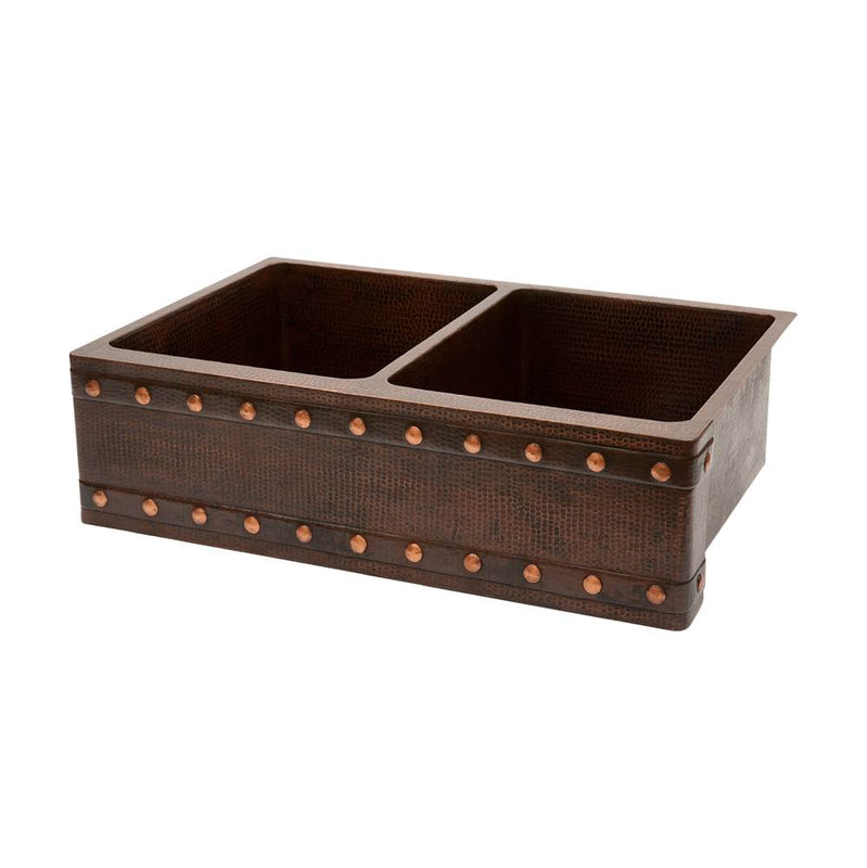 Premier Copper Products KA50DB33229BS 33" Hammered Copper Apron Front 50/50 Double Basin Kitchen Sink w/ Barrel Strap Design