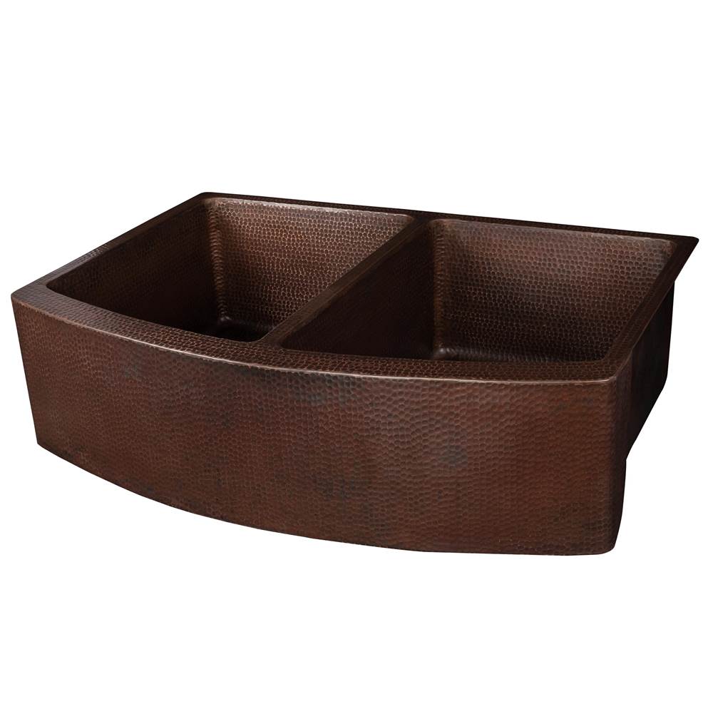 Premier Copper Products KA50RDB33249 33" Hammered Copper Rounded Apron Front 50/50 Double Basin Kitchen Sink