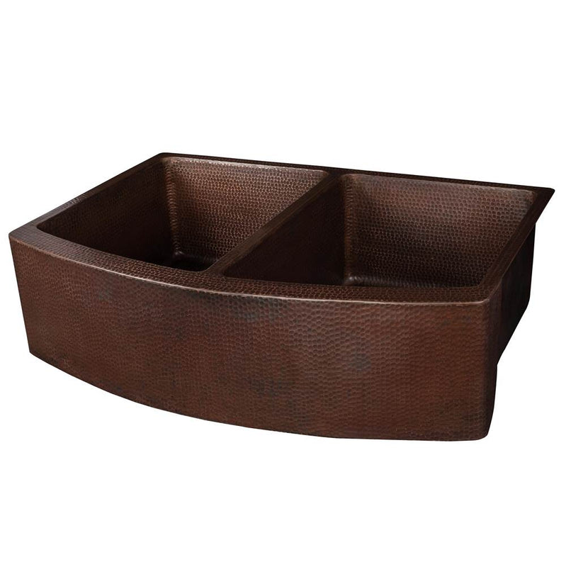 Premier Copper Products KA50RDB33249 33" Hammered Copper Rounded Apron Front 50/50 Double Basin Kitchen Sink