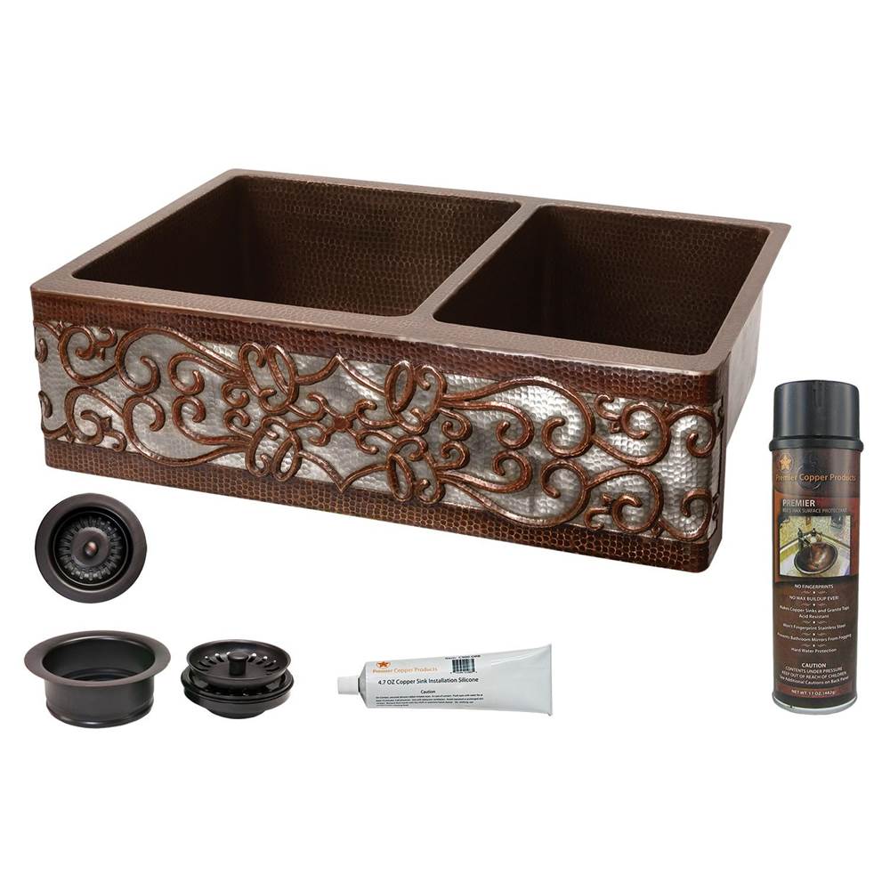 Premier Copper Products KA60DB33229S-NB 33" Hammered Copper Apron Front 60/40 Double Basin Kitchen Sink w/ Scroll Design and Nickel Background