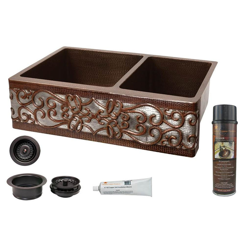 Premier Copper Products KA60DB33229S-NB 33" Hammered Copper Apron Front 60/40 Double Basin Kitchen Sink w/ Scroll Design and Nickel Background