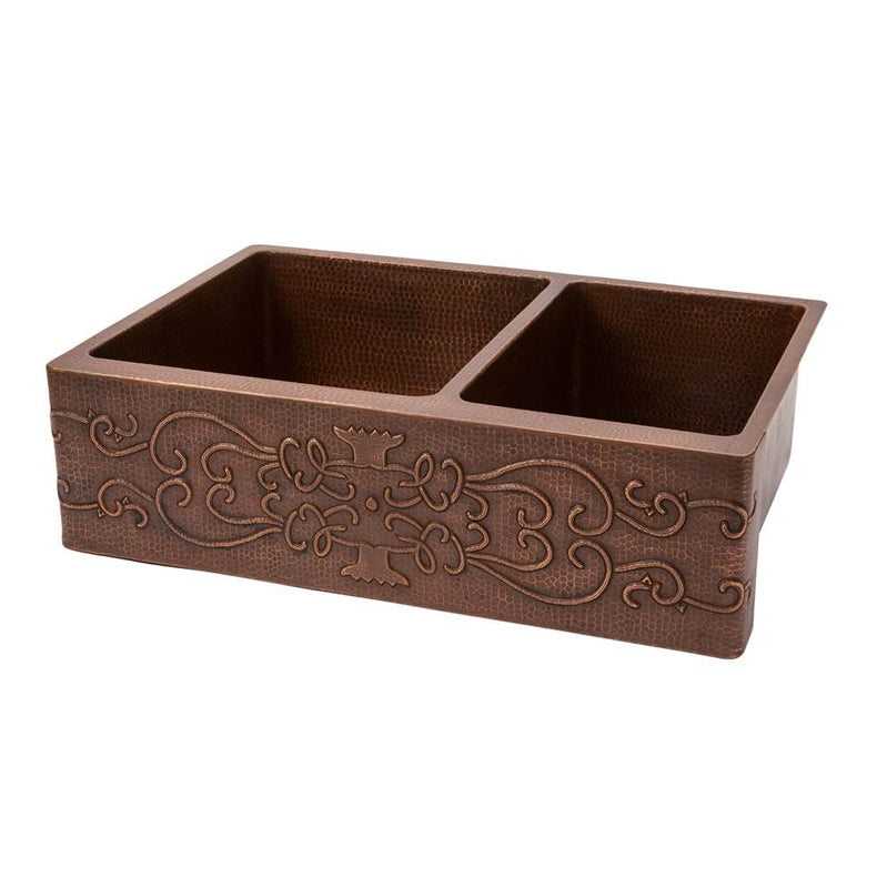 Premier Copper Products KA60DB33229S 33" Hammered Copper Apron Front 60/40 Double Basin Kitchen Sink with Scroll Design