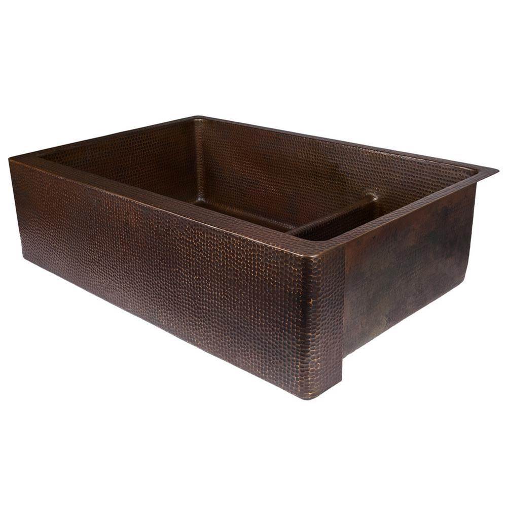 Premier Copper Products KA70DB33229-SD5 33" Hammered Copper Apron Front 70/30 Double Basin Kitchen Sink with Short 5" Divider