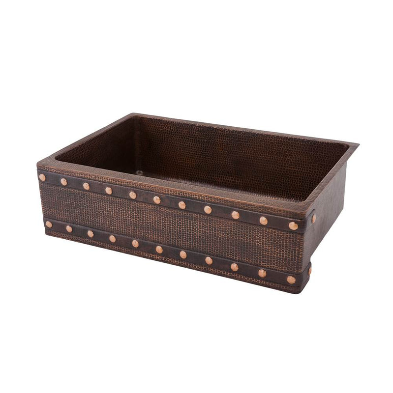 Premier Copper Products KASDB30229BS 30" Hammered Copper Apron Front Single Basin Kitchen Sink w/ Barrel Strap Design