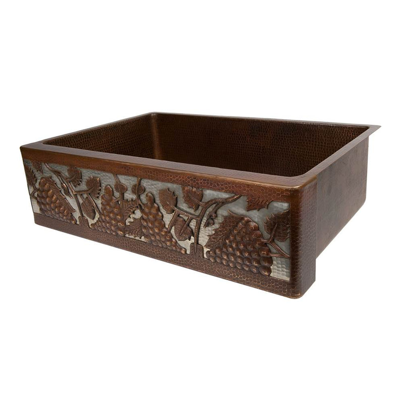 Premier Copper Products KASDB33229G-NB 33" Hammered Copper Apron Front Single Basin Kitchen Sink w/ Vineyard Design and Nickel Background