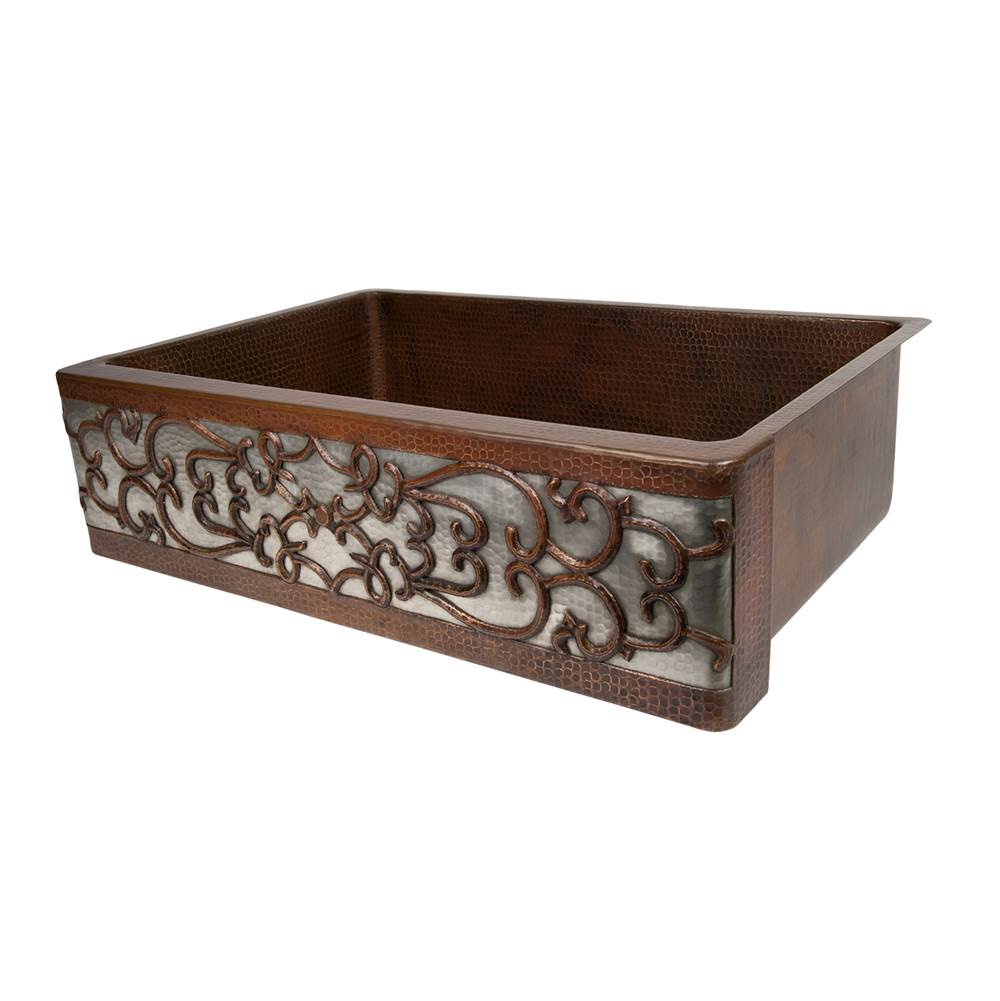 Premier Copper Products KASDB33229S-NB 33" Hammered Copper Apron Front Single Basin Kitchen Sink w/ Scroll Design and Nickel Background