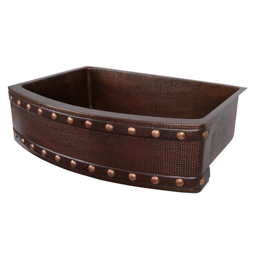 Premier Copper Products KASRDB33249BS 33" Hammered Copper Rounded Apron Front Single Basin Kitchen Sink with Barrel Strap Design