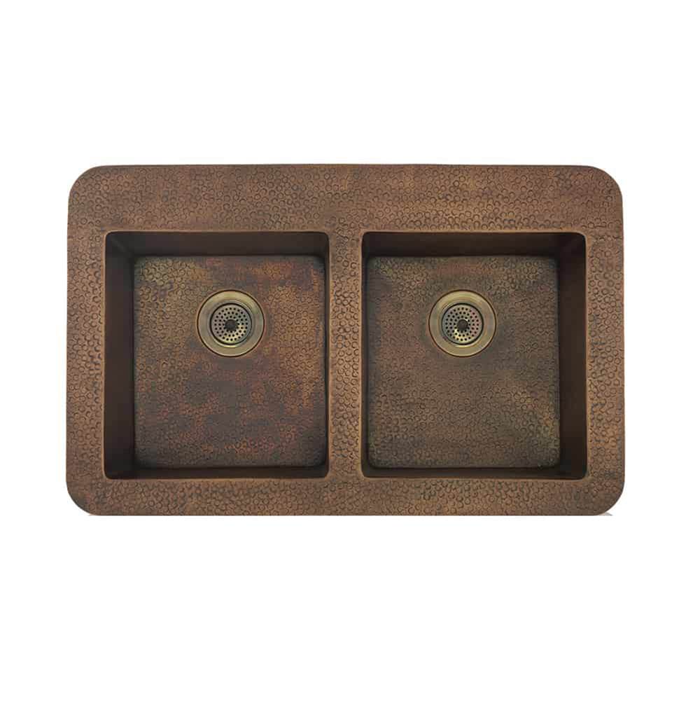 Lenova CT-100 Undermount Double Bowl 35 x 22 x 9 - Hammer Copper
