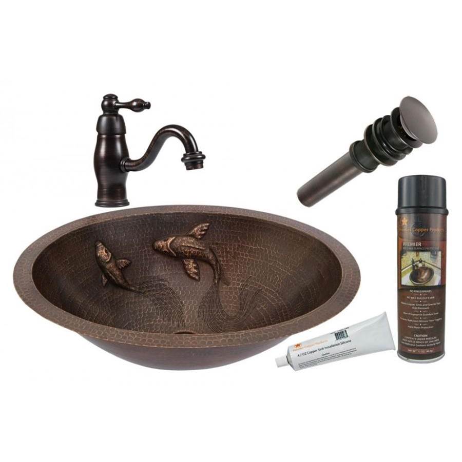 Premier Copper Products LO19FKOIDB 19" Oval Under Counter Hammered Copper Bathroom Sink with Koi Fish Design
