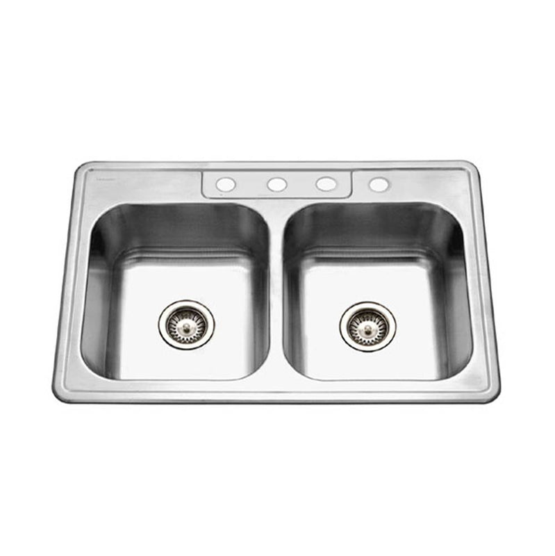 Hamat REV-3322DT-8-4-20 Topmount Stainless Steel 4-hole 50/50 Double Bowl Kitchen Sink, 8 Deep