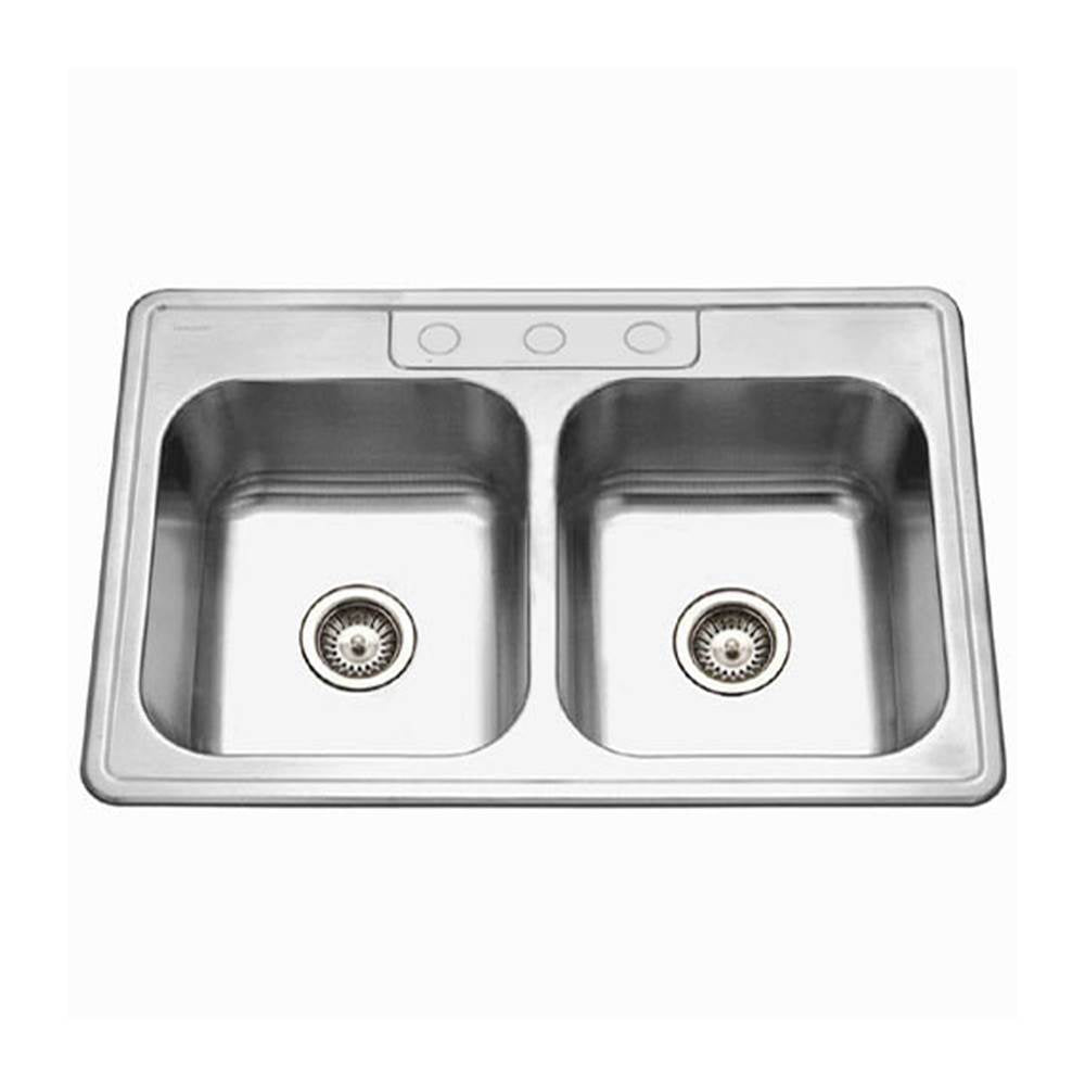 Hamat REV-3322DT-9-3-20 Topmount Stainless Steel 3-hole 50/50 Double Bowl Kitchen Sink, 9 Deep
