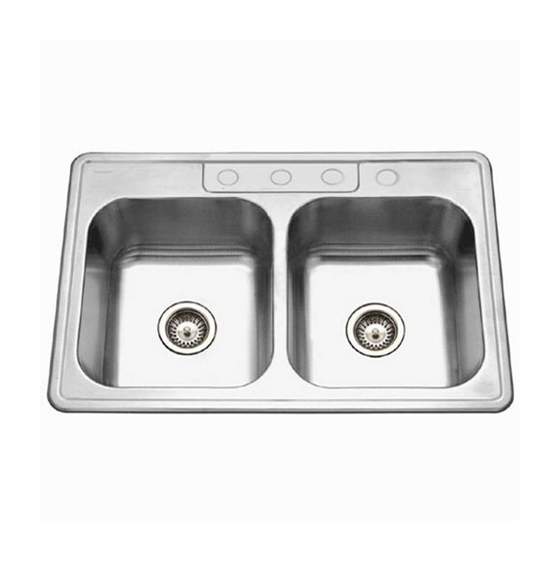 Hamat REV-3322DT-9-4-20 Topmount Stainless Steel 4-hole 50/50 Double Bowl Kitchen Sink, 9 Deep
