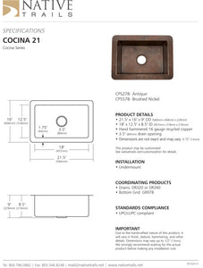 Native Trails CPK578 Cocina 21" Undermount Copper Kitchen Sink Brushed Nickel