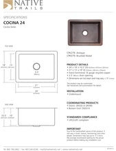 Load image into Gallery viewer, Native Trails CPK279 Cocina 24&quot; Undermount Copper Kitchen Sink Antique Copper