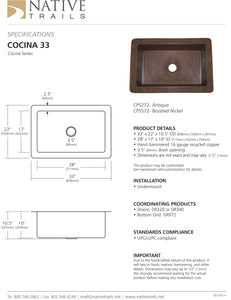 Native Trails CPK572 Cocina 33" Undermount Copper Kitchen Sink Brushed Nickel