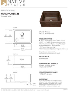 Native Trails CPK570 Farmhouse 25" Copper Kitchen Sink Brushed Nickel