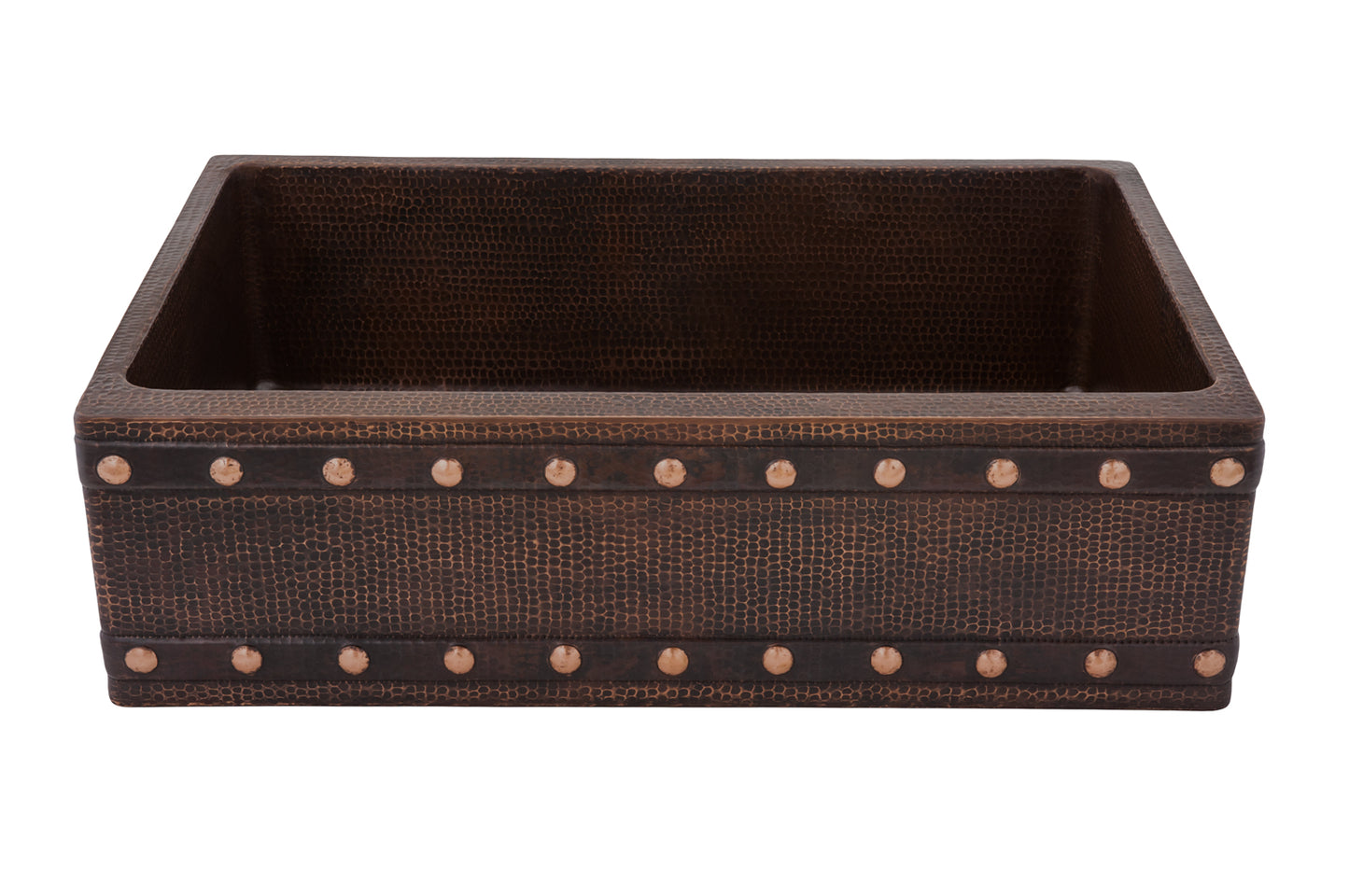 33" Hammered Copper Kitchen Apron Single Basin Sink w/ Barrel Strap Design