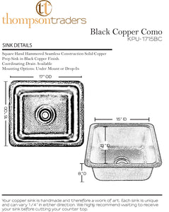 Thompson Traders KPU-1715BC Black Copper Como Legacy Kitchen Rectangular Hand Hammerd Prep Sink Black Copper
